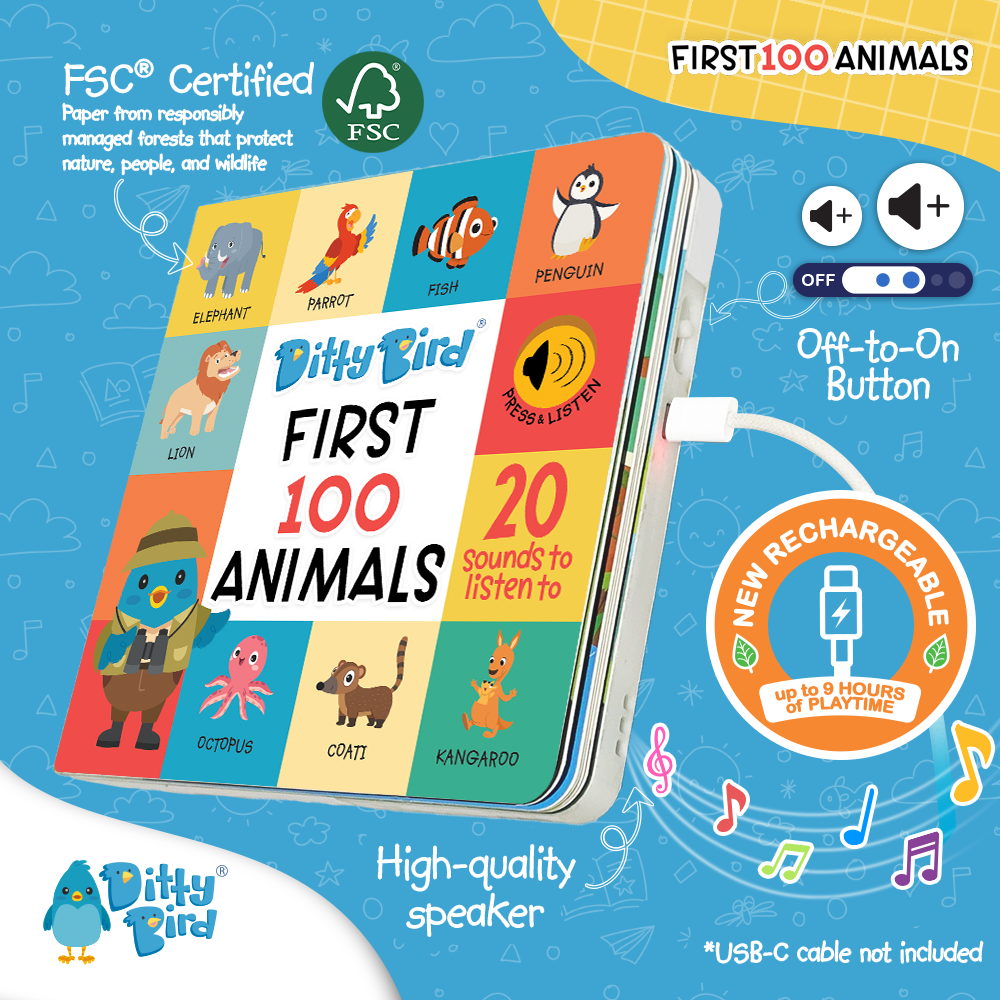 Ditty Bird Baby Book - Best toys - First 100 Animals USB-C Ditty Bird