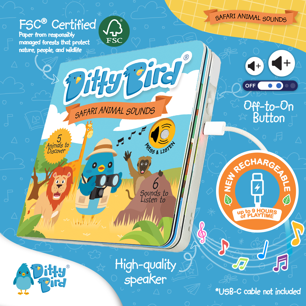 Ditty Bird Baby Sound Book: Safari Animal Sounds USB-C Ditty Bird