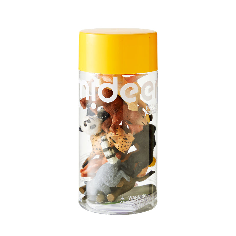 Mideer Pocket Friends Safari animal figures in reusable yellow-lid tube
