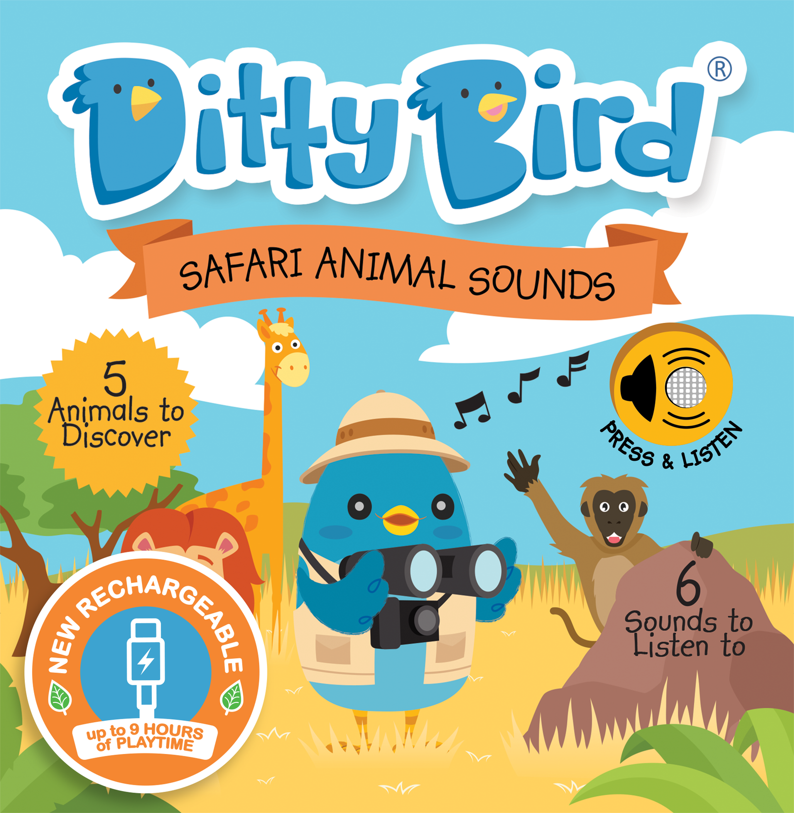 Ditty Bird Baby Sound Book: Safari Animal Sounds USB-C Ditty Bird