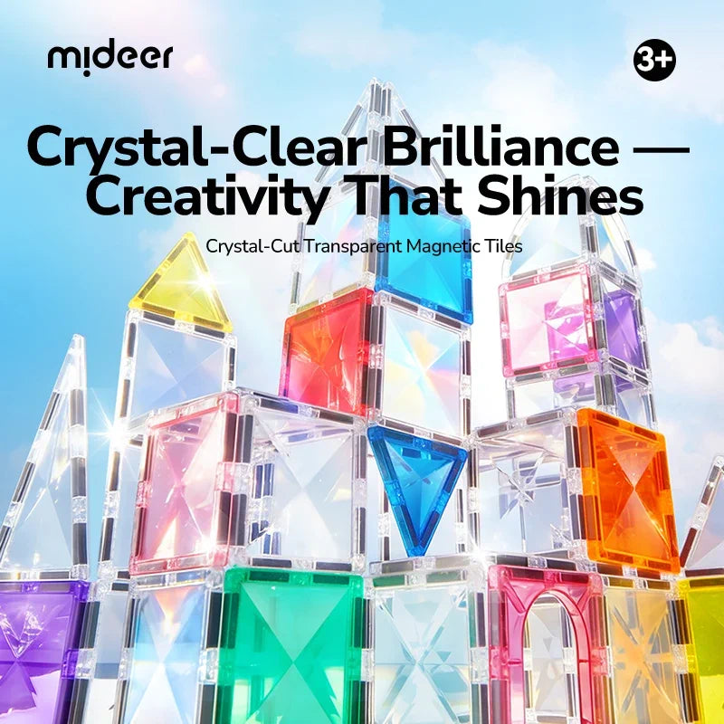 Mideer clear diamond magnetic tiles built into colorful 3D structures