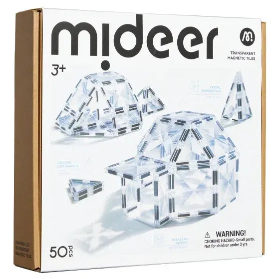 Mideer Diamond-Cut Transparent Magnetic Tiles 50-piece box showing clear tile builds