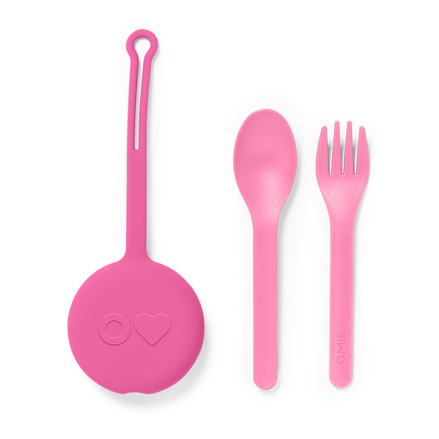 OmiePod Fork & Spoon Set with Silicone Case in Bubble Pink